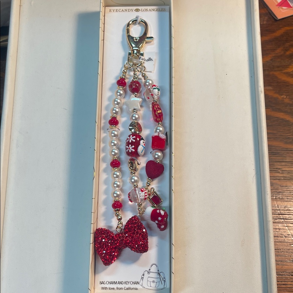 Rye candy Los Angeles Red Glitter Bow Beaded Keychain Bag Charm Christmas